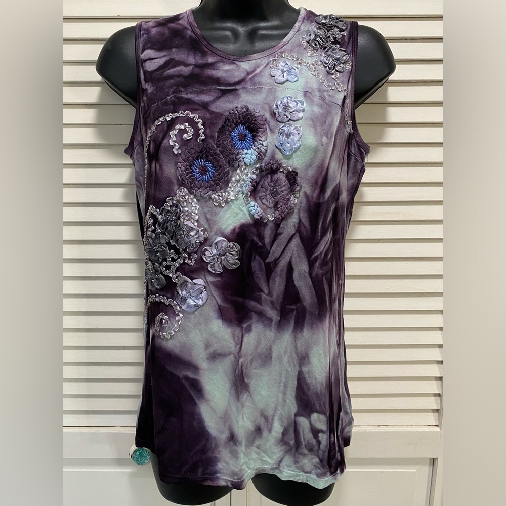 Trixie Tie Dye Purple/Teal Sleeveless Blouse Beads Ribbon Embroidery Size M NWT